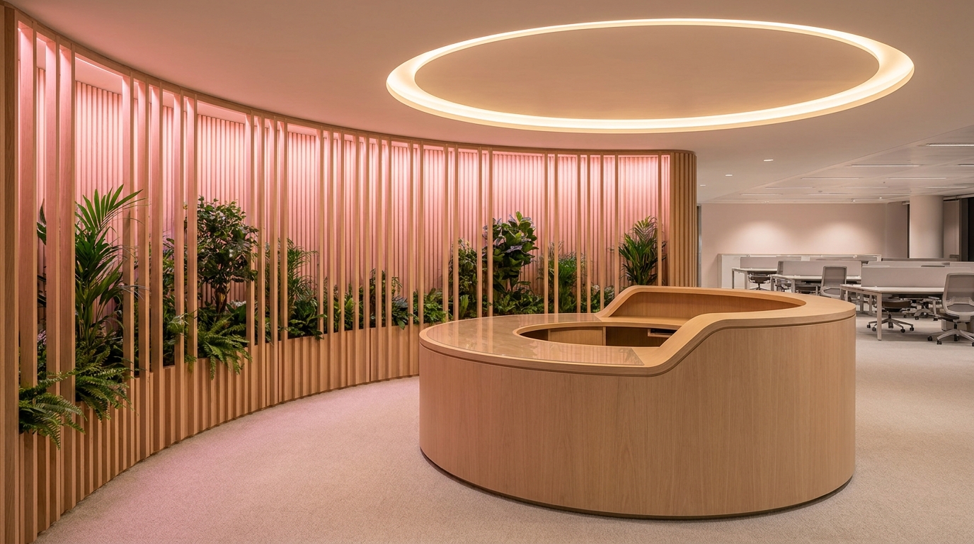 Reception aziendale moderna con parete in legno